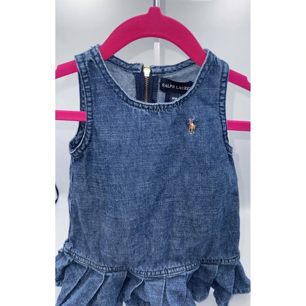 Vintage Ralph Lauren Denim Infant Dress Size 9m Classic Ruffled Hem Embroidered